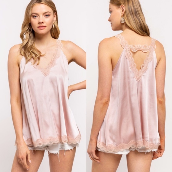027 Boho Lace V neck Satin Cami Tank Top - Picture 3 of 5